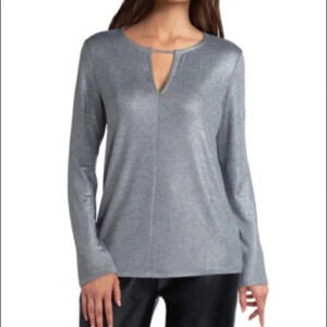 H HALSTON Metallic Long Sleeve Keyhole Top, Small, NWT
